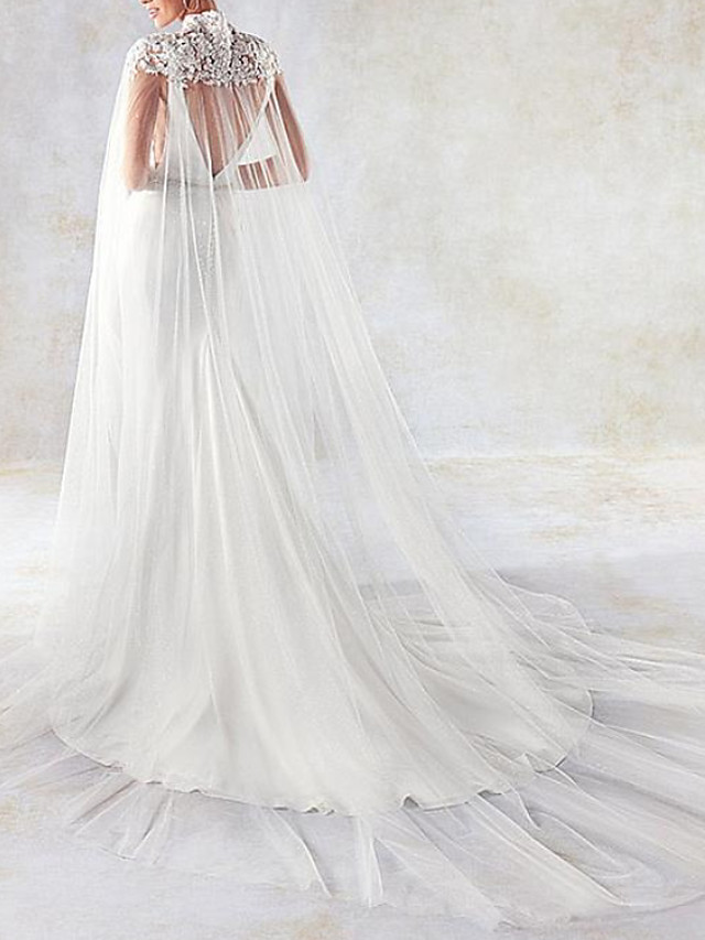 V-neck Cap sleeves White Mermaid Court Train Wedding Dresses