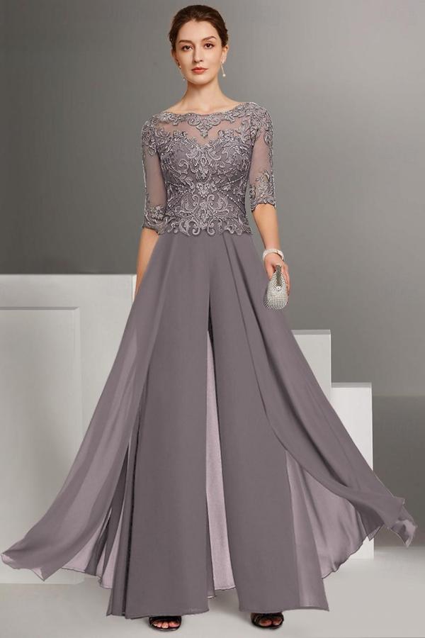 Stylish Bateau Neck Floor Length Chiffon Half Sleeves Jumpsuit with Appliques