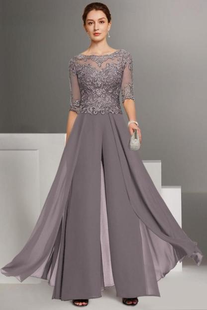 Stylish Bateau Neck Floor Length Chiffon Half Sleeves Jumpsuit with Appliques