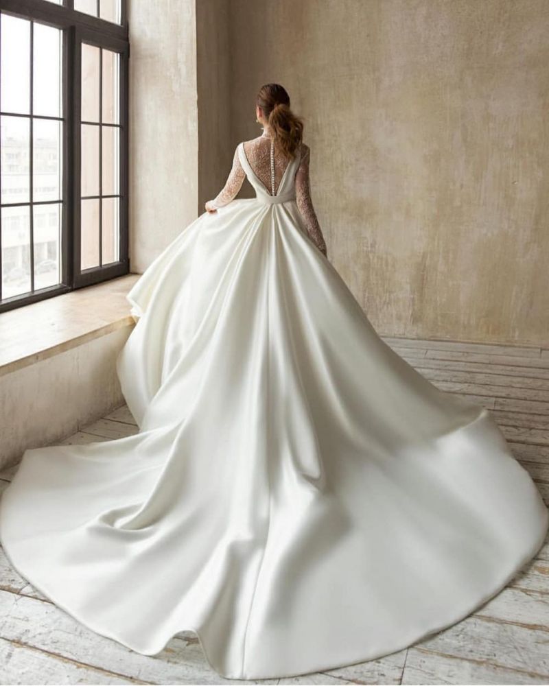 Elegant Deep V-Neck Satin Wedding Dress with Sweep Train Long Sleeves BowTie Aline Bridal Dress