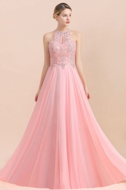 Modest Pink Pears Beaded A-line Halter Bridesmaid Dresses