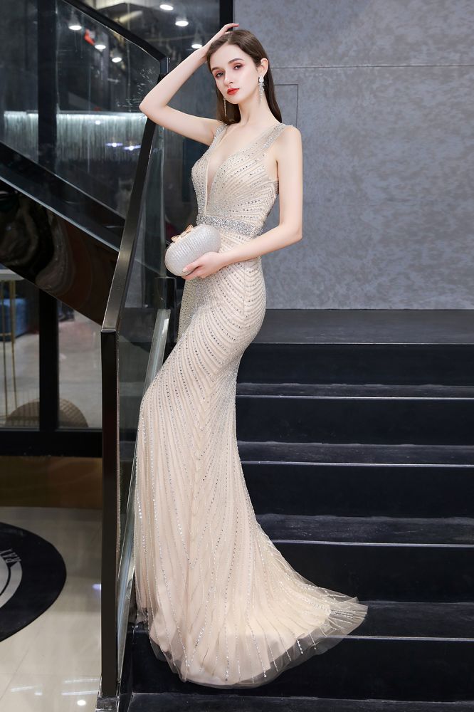 Sexy Mermaid V-neck Silver Mermaid Prom Dress