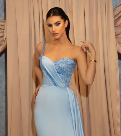 Sweetheart sky blue high split column prom dress