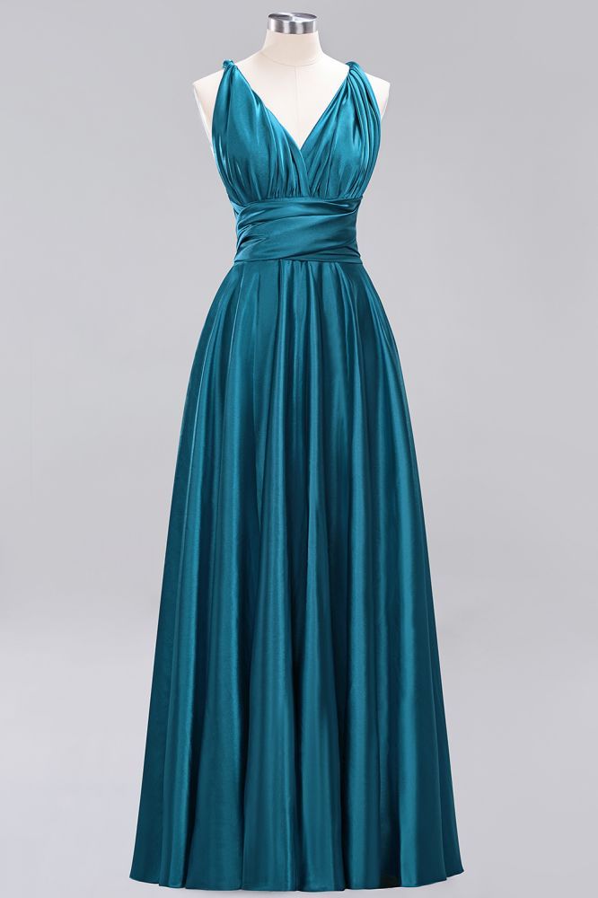 Simple A-Line V-Neck Sleeveless Floor Length Convertible Bridesmaid Dress with Ruffles