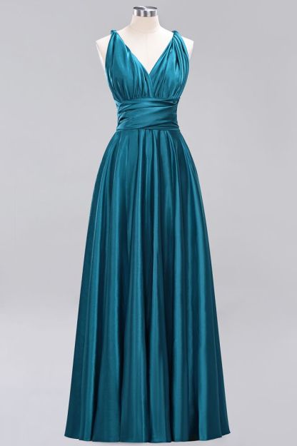 Simple A-Line V-Neck Sleeveless Floor Length Convertible Bridesmaid Dress with Ruffles