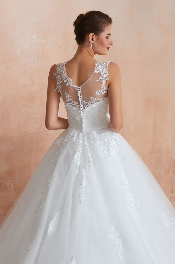 Cain | Illusion Neck White Wedding Dress with exqusite Lace Appliques, Sleeveless V-back Bridal Gowns Online-Babyonlinewholesale