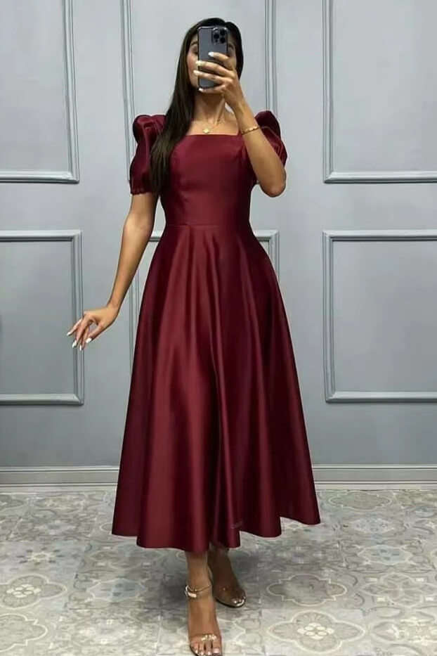 Square neck Half Sleeves Ankle Length Burgundy Prom Dresses