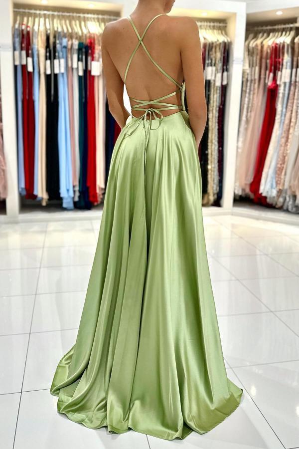 Chic Spaghetti Straps Satin Sage Side Split Long Prom Dress Cross Back Evening Dress