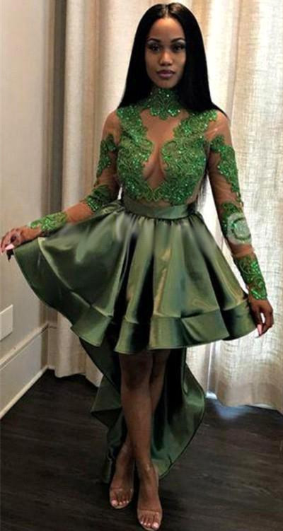Sexy See Through Lace Long Sleeve Prom Dress | Hi-lo Dark Green Evening Dress