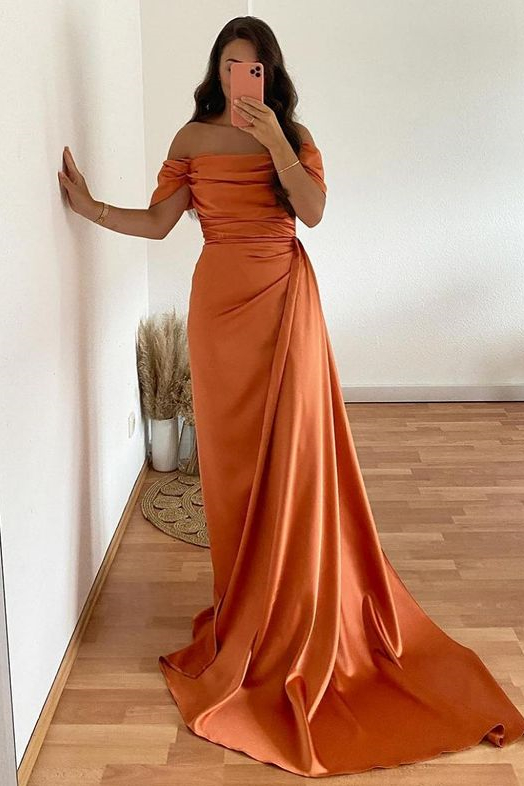 Off the shoulder Burgundy Court Train Prom Dresses