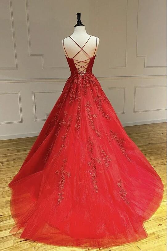 Red Lace appliques Ball gown Floor length Evening Dress