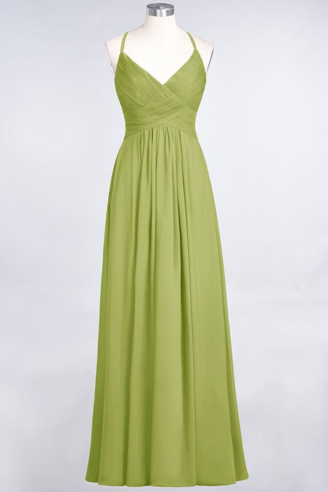 Chiffon A-Line Spaghetti-Straps V-Neck Sleeveless Long Bridesmaid Dress with Ruffles