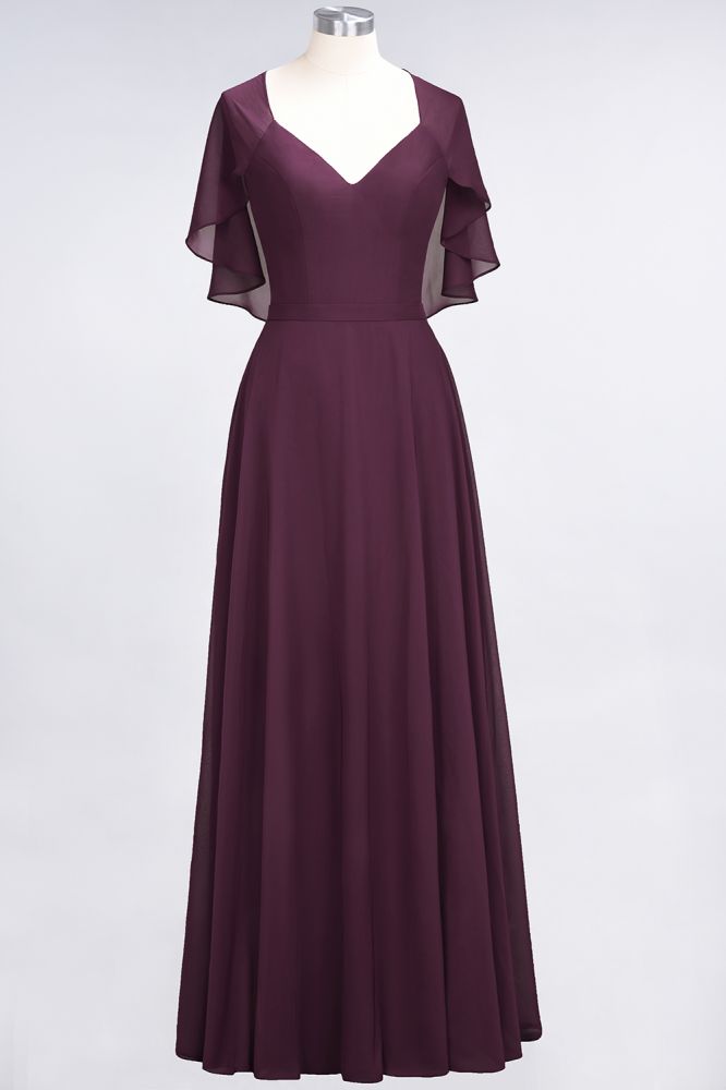 Chiffon Satin A-Line V-Neck short-sleeves Long Bridesmaid Dress