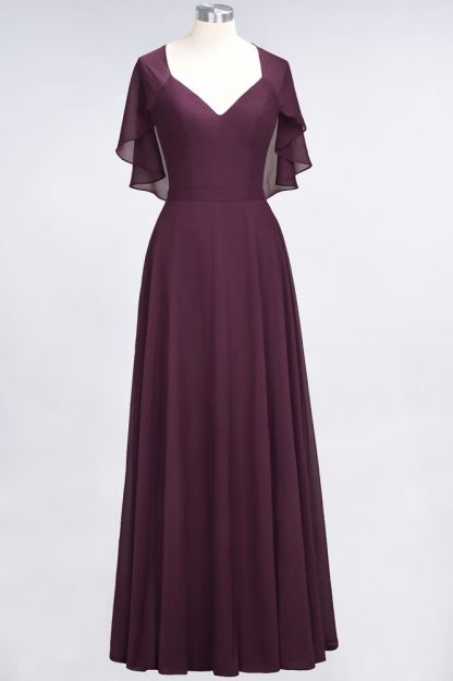 Chiffon Satin A-Line V-Neck short-sleeves Long Bridesmaid Dress