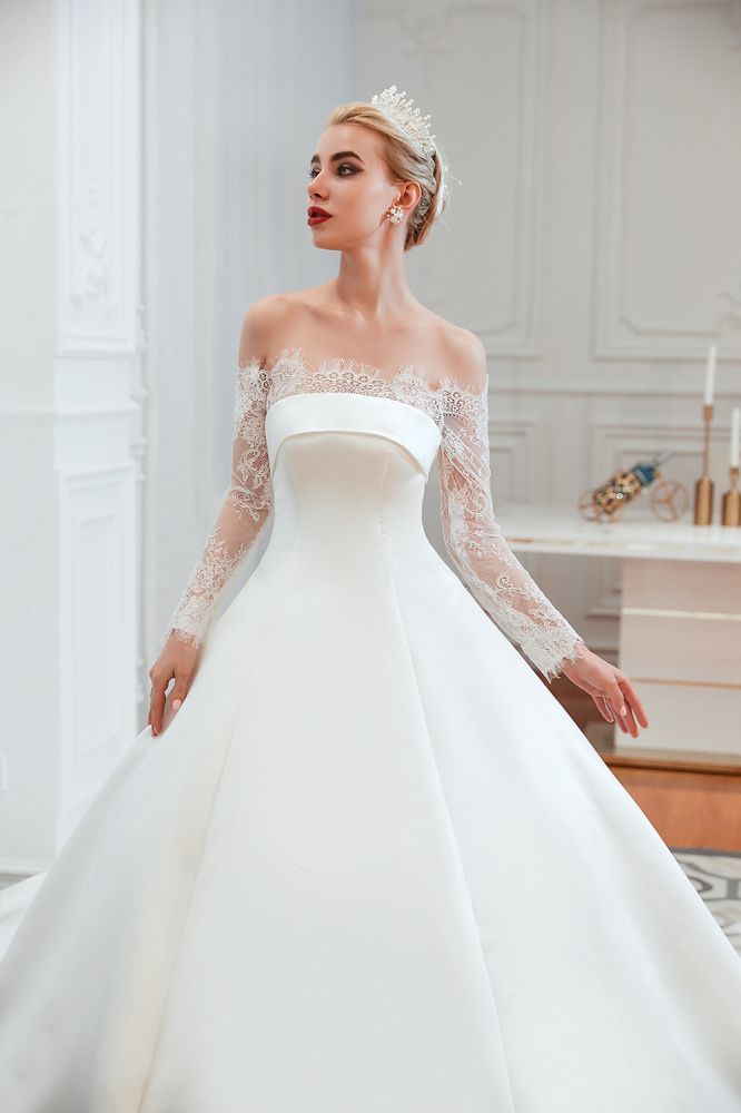 Romantic Lace Long Sleeves Princess Satin Wedding Dress | Princess Bridal Gowns with Cathedral Train