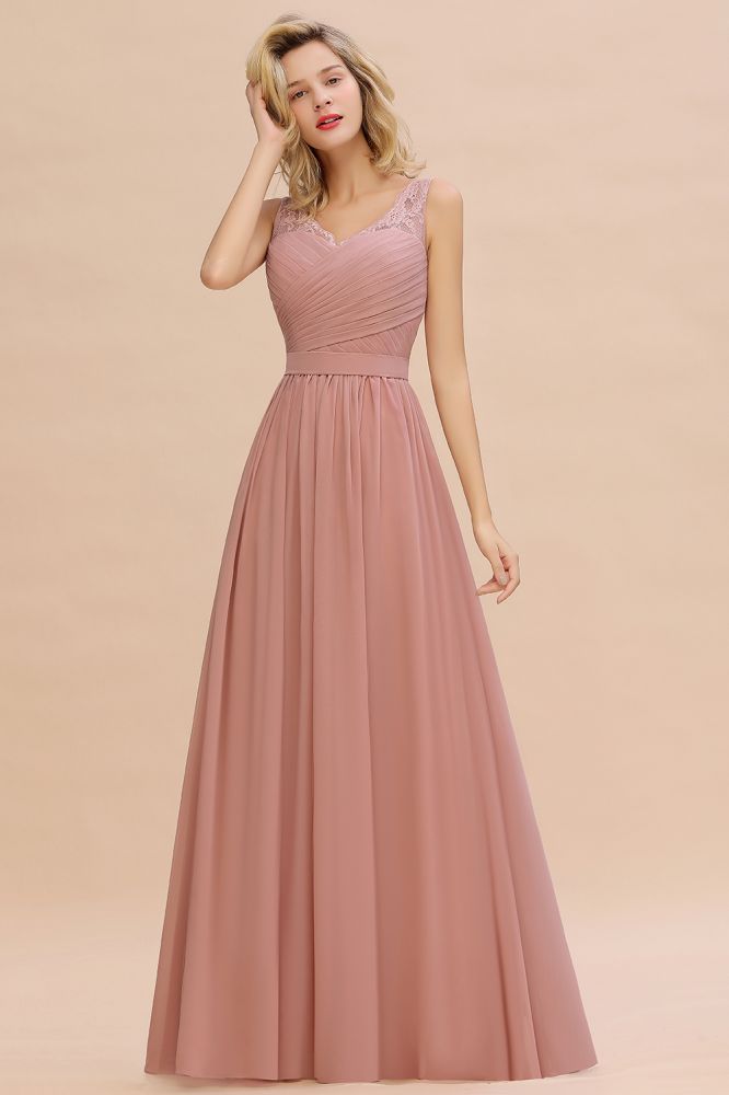 Beautiful V-neck Long Evening Dresses with soft Pleats | Sexy Sleeveless V-back Dusty Pink Womens Dress for Prom-Babyonlinewholesale