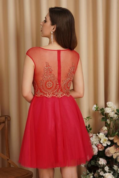 Round neck Red Sleeveless Illusion neck Homecoming Dress