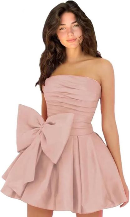 Chic Ruched Satin Short Homecoming Dresses Strapless Knee Length Party Dress with Bow
