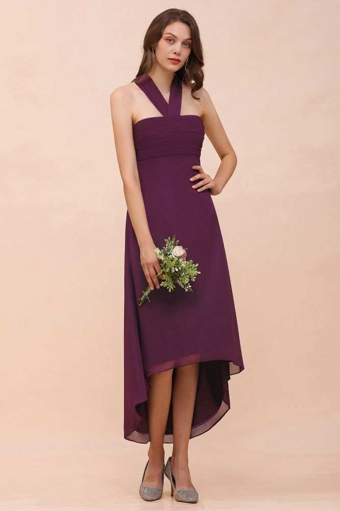 Halter Chiffon Hi-Lo Party Dress for Wedding Women Bridesmaid Dress