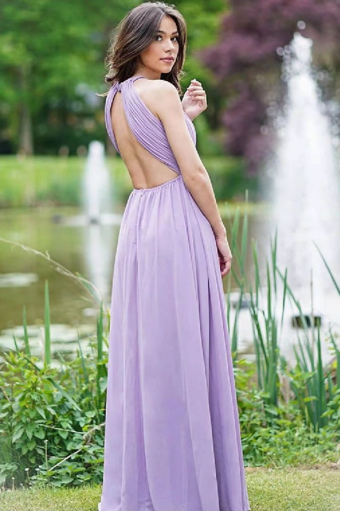 Lavender Chiffon High neck belt Evening Dresses