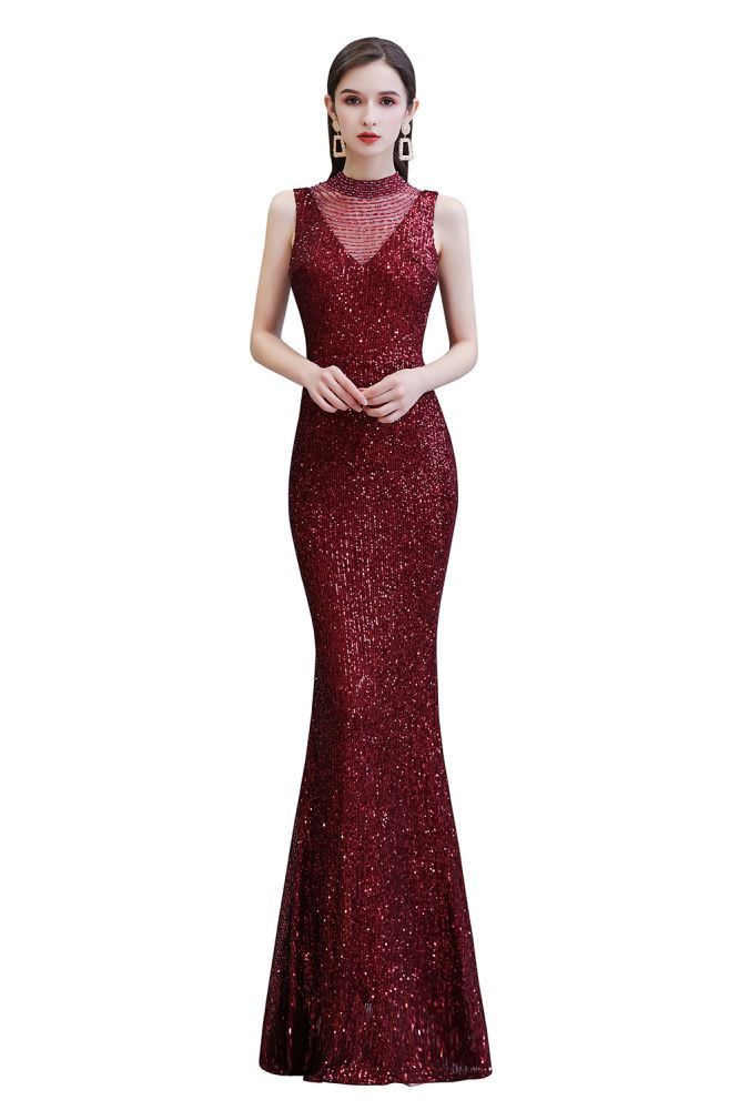 Elegant Illusion neck Burgundy Sleeveless Mermaid Prom Dress