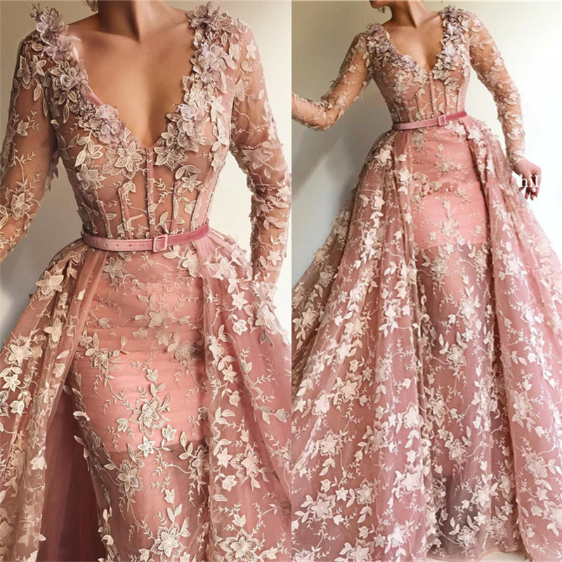 Sexy See Through Tulle Pink Long Sleeves Prom Dress | Charming Mermaid V Neck Appliques Long Prom Dress-Babyonlinewholesale