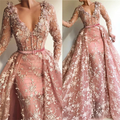 Sexy See Through Tulle Pink Long Sleeves Prom Dress | Charming Mermaid V Neck Appliques Long Prom Dress-Babyonlinewholesale
