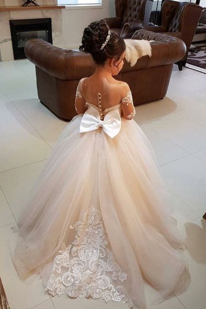 Long sleeves Floor length Champange Bowtie Flower Girl Dresses