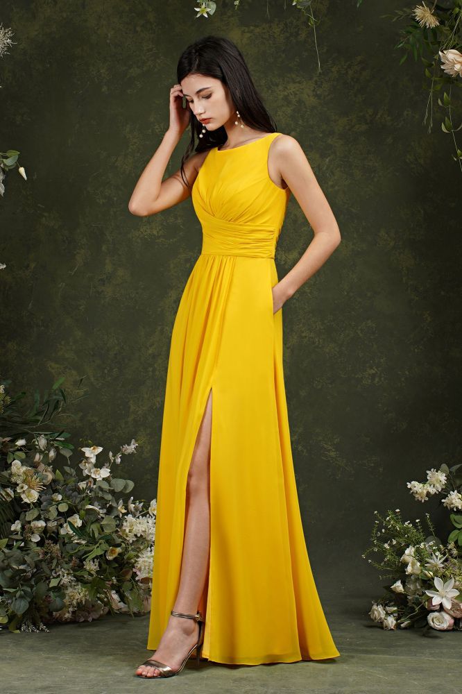 Bateau Ruffles Chiffon Floor-length A-Line Split Bridesmaid Dress With Pockets