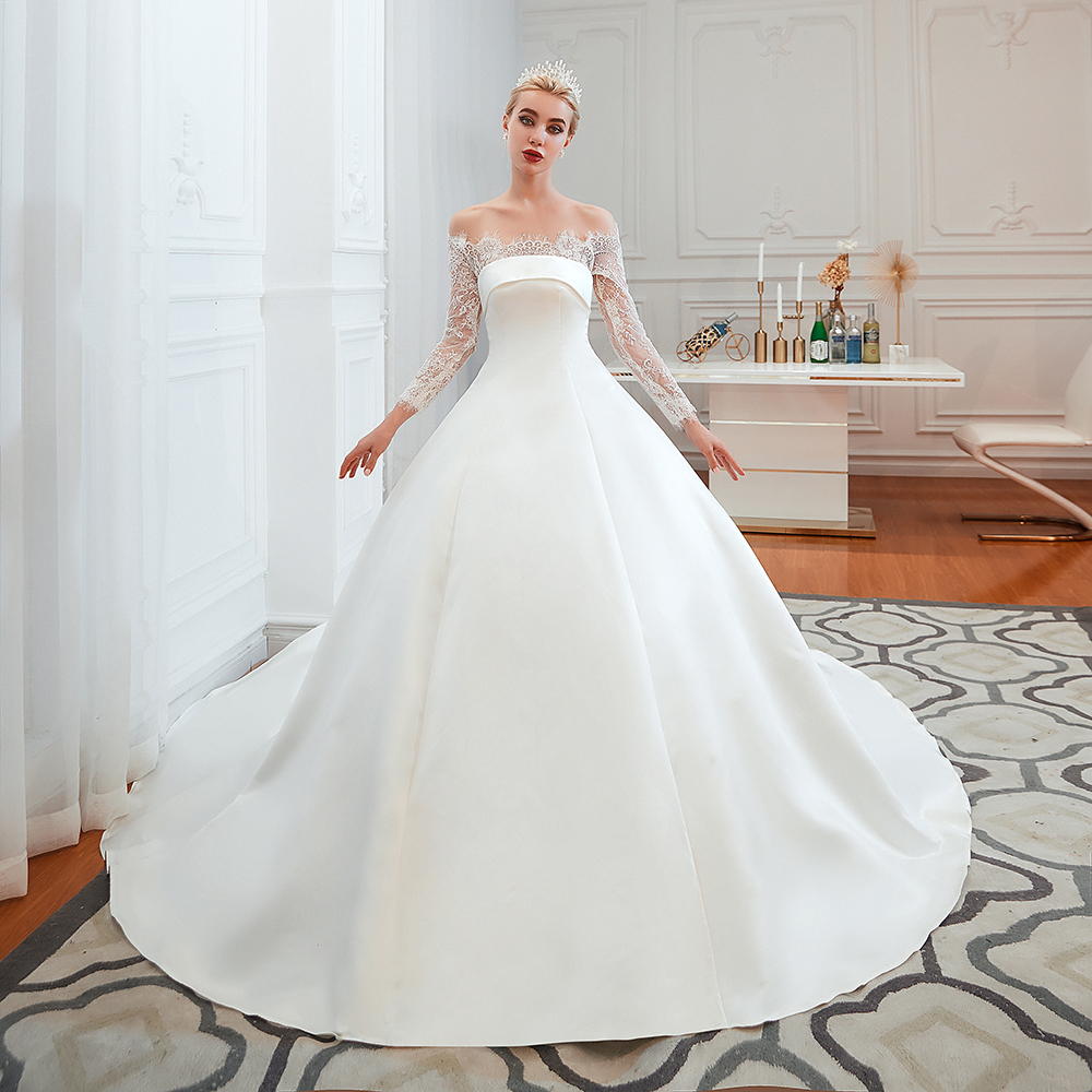Romantic Lace Long Sleeves Princess Satin Wedding Dress | Princess Bridal Gowns with Cathedral Train