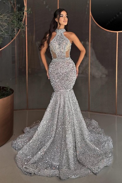 Silver Sequined Halter Floor Length Sleeveless Mermaid Prom Dress