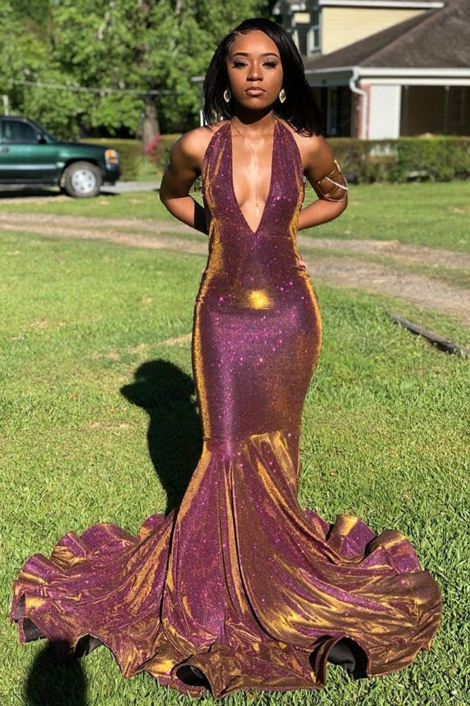Halter Sexy V-neck Sparkle Prom Dresses | Fit and Flare Sleeveless Elegant Evening Gowns