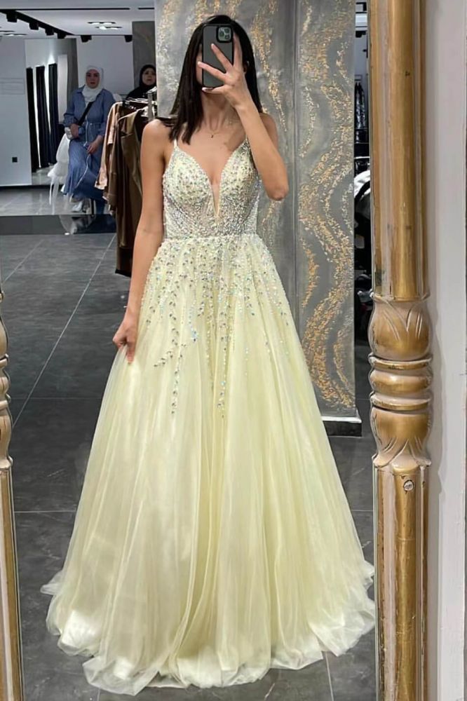 Sweetheart A-line Tulle Yellow Ball Gown Prom Dresses
