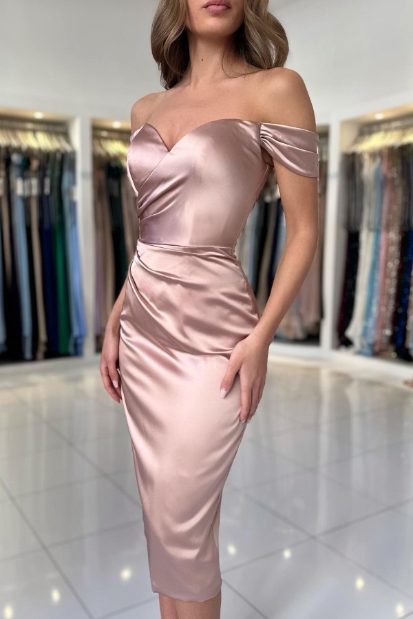 Elegent Modern Satin Sheath Sweatheart Off-the-Shoulder Zipper Prom Dress