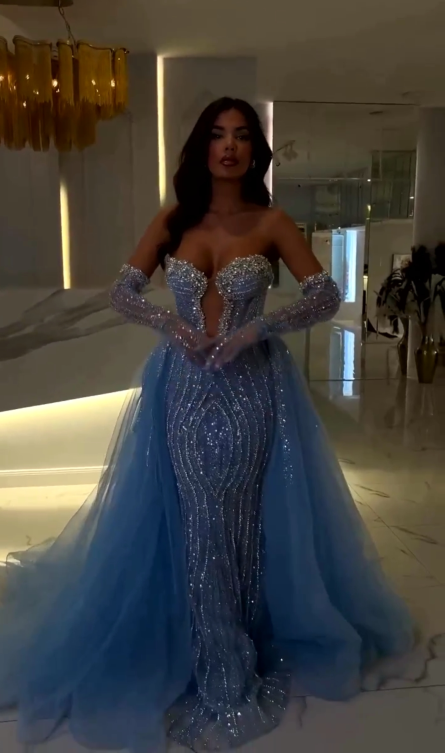 Charming Blue Strapless Sleeveless Long Mermaid Prom Dress with Beadings