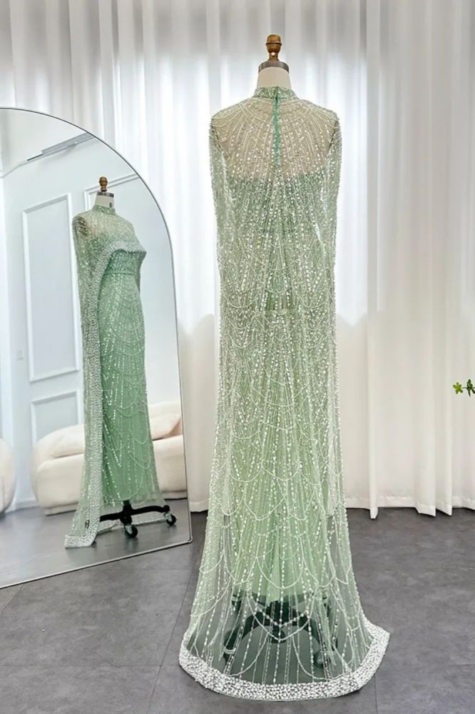 Luxury Pearls Dubai Mermaid Evening Dress with Cape Sleeves Seequined Floor Length Party Dress