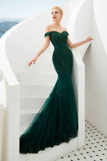 Harvey | Emerald green Mermaid Tulle Prom dress with Beaded Lace Appliques