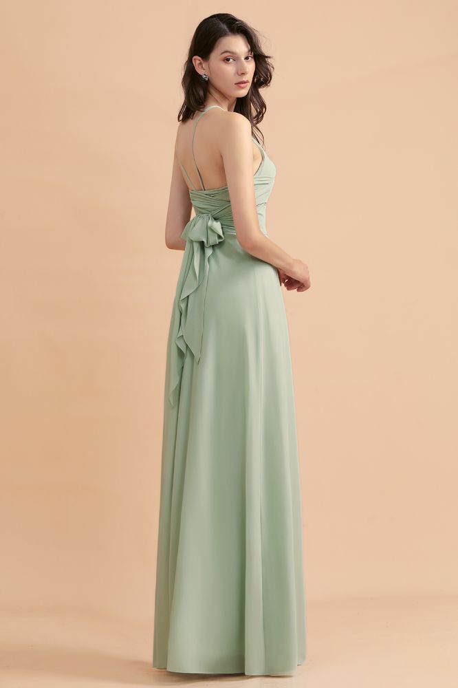 Halter Mint Green Aline Wedding Guest Dress Sleeveles Long Banquet Dress with Side Slit