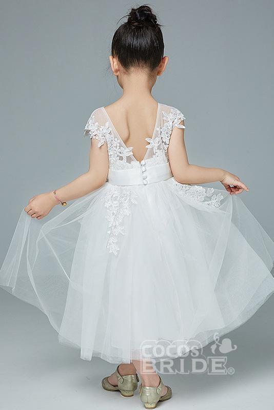 Cute White Sleeveless Tulle Flower Girl Dress Lace Appliques Little Girl Dress