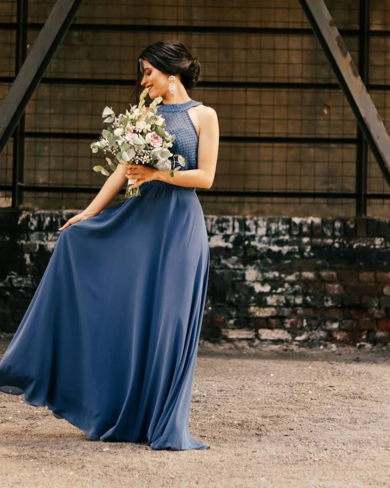 Halter Chiffon Long Wedding Party Dress Evening Swing Dress