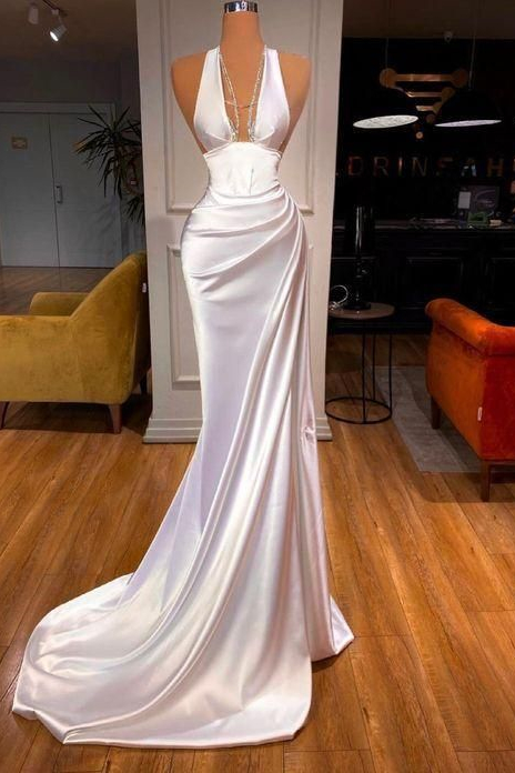 Halter White Mermaid Court Train Sleeveless Prom Dresses