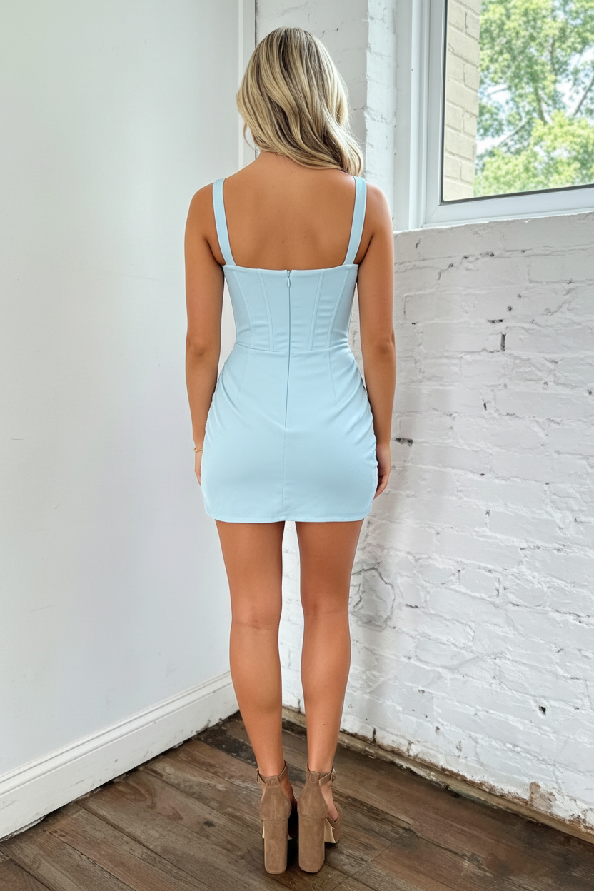 Sky Blue Straps Satin Ruched Corset Tight Short Homecoming Dress