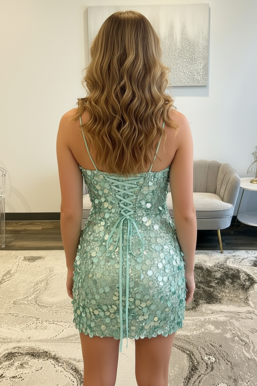Mint Spaghetti Straps Sequins Lace-up Short Tight Homecoming Dress