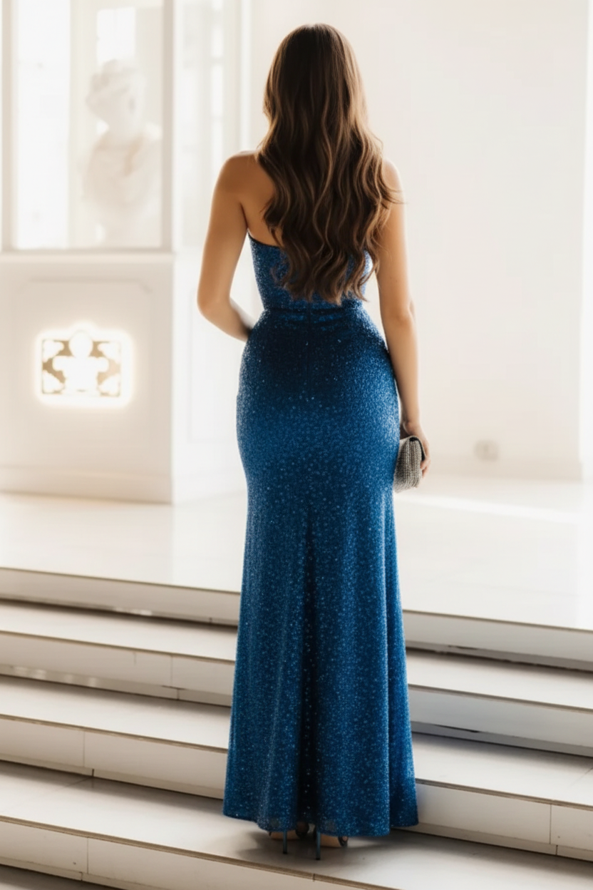 Ink Blue Sweetheart Strapless High Split Mermaid Prom Dresses Floor-Length