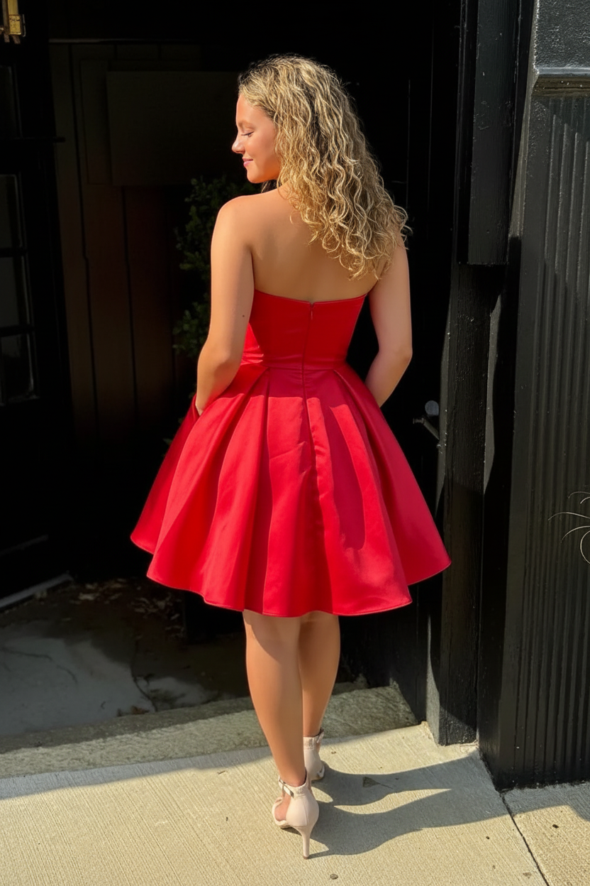 Red Sweetheart Satin Short A-Line Homecoming Dress with Bow