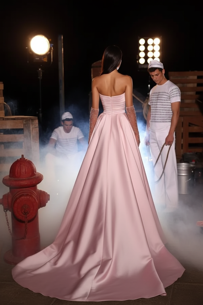 Blushing Pink Strapless Satin Front Slit Ruched Mermaid Prom Dress with Train 