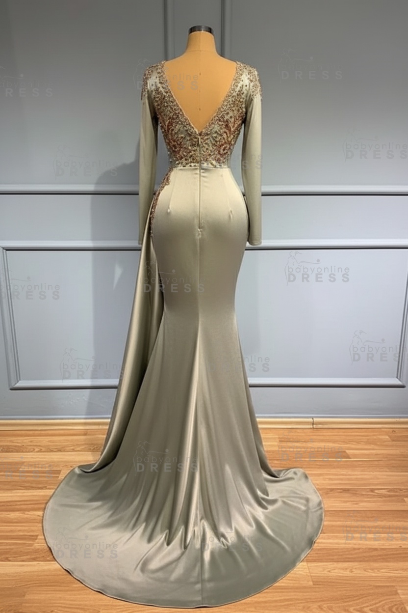Glamorous V-Neck Long Sleeves Mermaid Prom Dress with Crystals