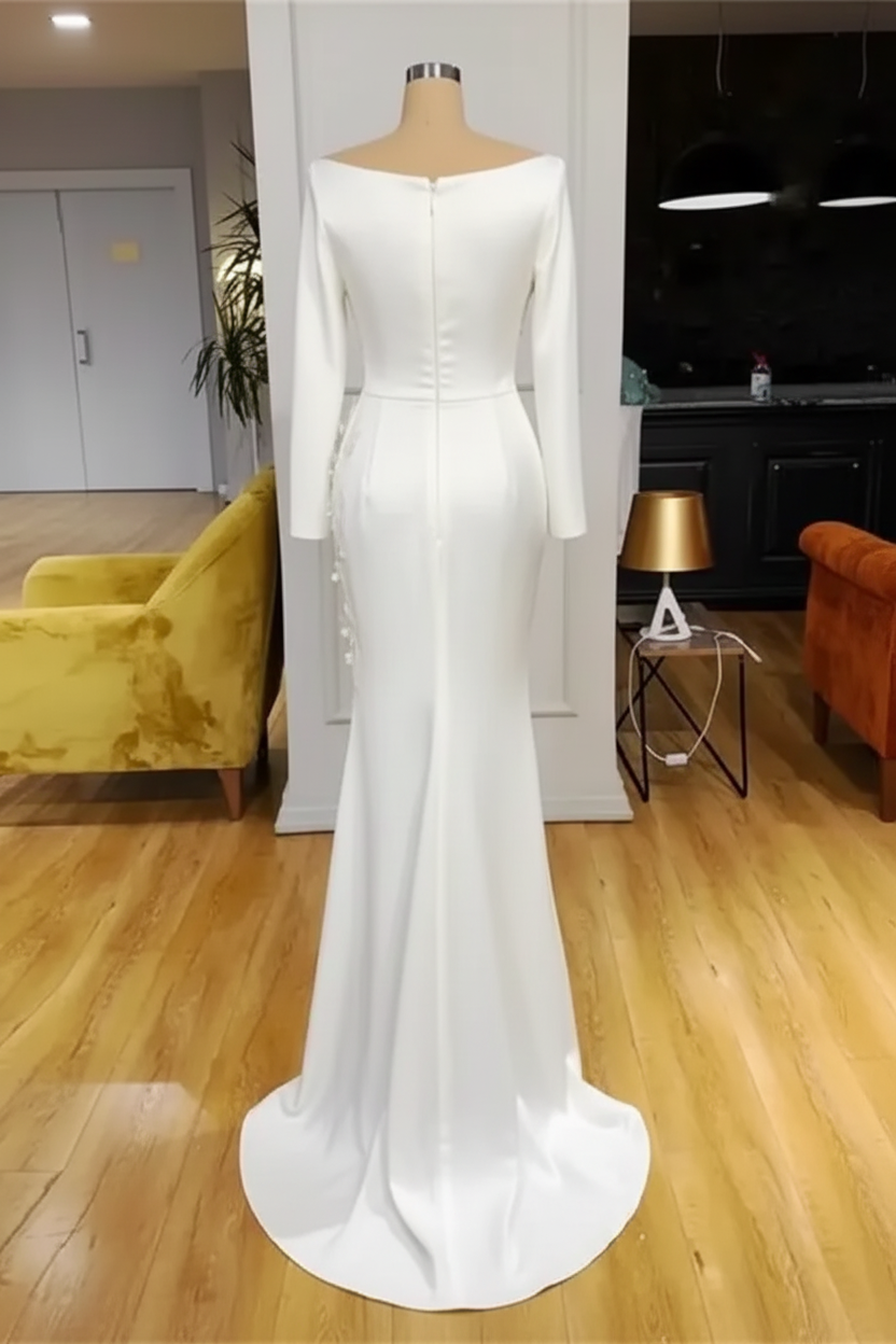 Ivory Boat neck Long sleeves Satin Evening Dresses with Appliques