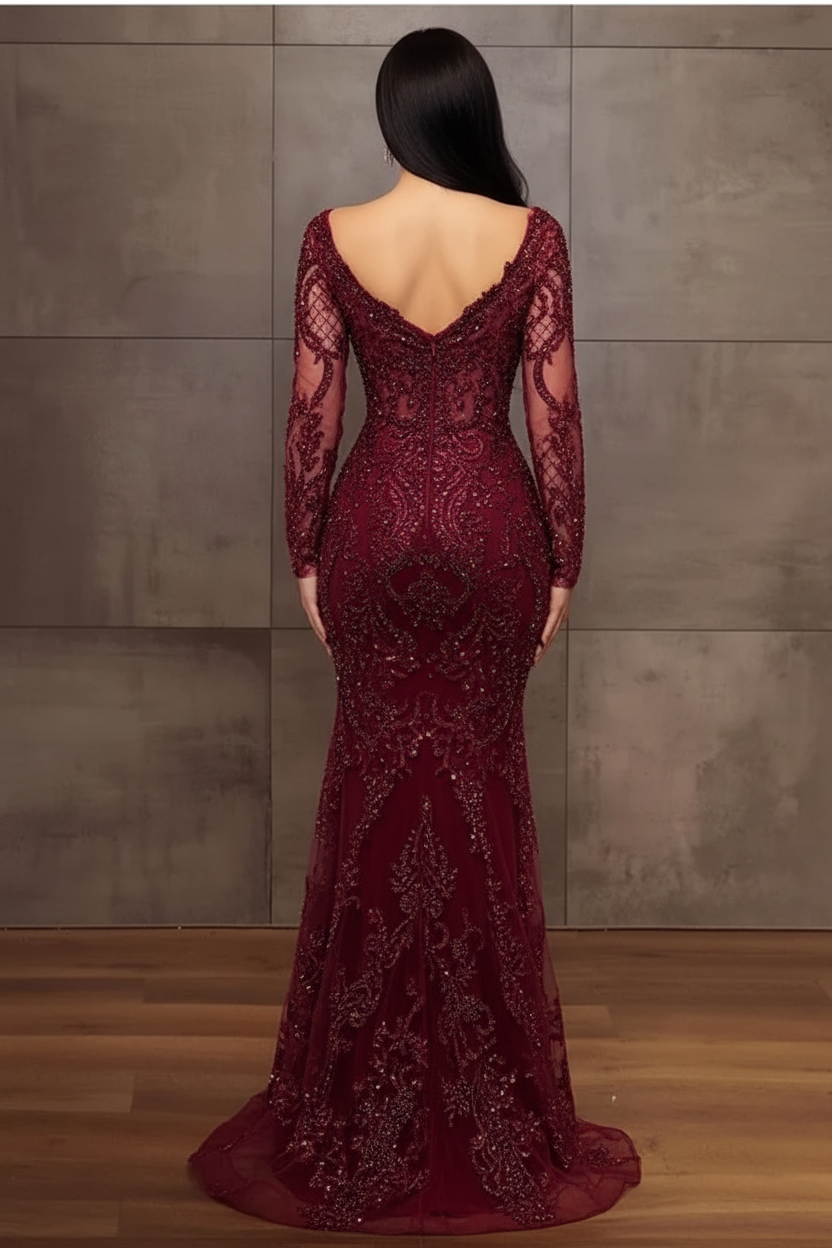 Stunning Burgundy Beadings Long Sleeves Mermaid Prom Dress