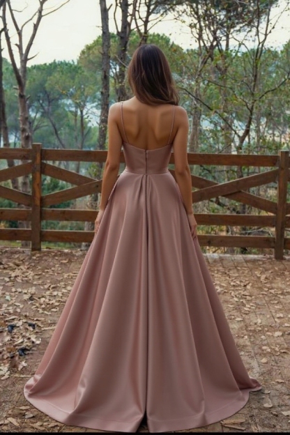 Elegant Spaghetti Straps Sweetheart Satin Maxi Prom Dress with Side Slit